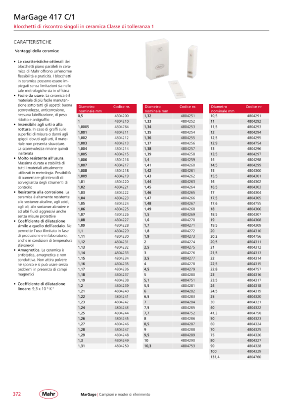 Mahr 417 C/1 Gage Block, Grade 1 4,00 mm Ceramic w.c. 4804278