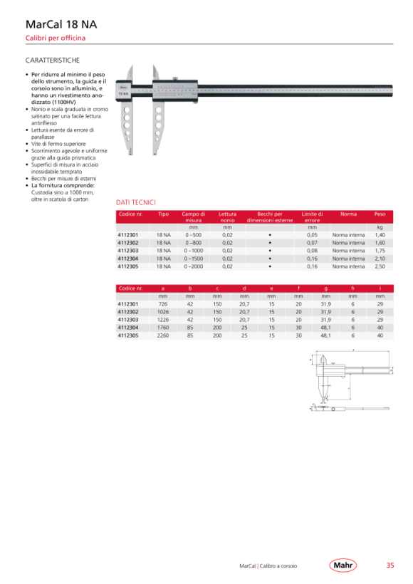 Mahr 18 calibri da officina NA, 500 mm nonio 0,02 mm 4112301