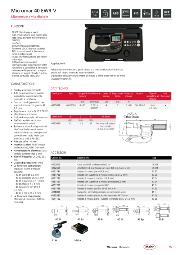 Mahr 40 Ef inserto di misura Ø3,5x15,5 mm, superficie di misura piana Ø 6,5 mm 4151794