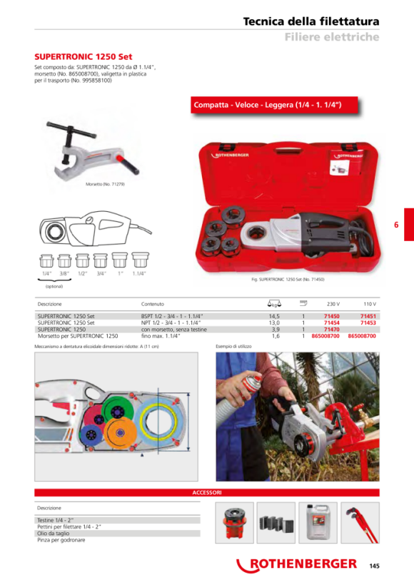 Rothenberger Filettatrice, SUPERTRONIC 1250, NPT 1/2-1.1/4, 110V 71453
