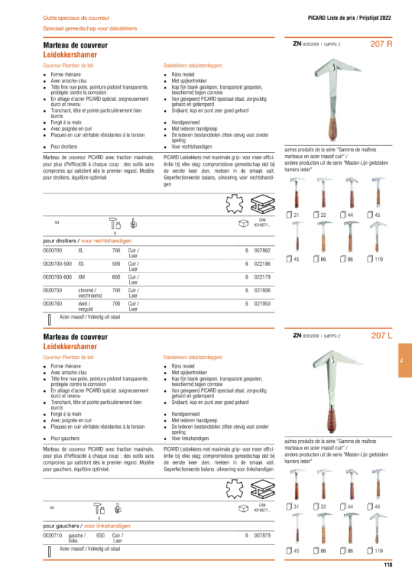 PICARD Schieferhammer, geschmiedet, mit Ledergriff; Schneide, Kopf und Spitze besonders gut gehärtet, für Rechtshänder, XL, 700 g 0020700