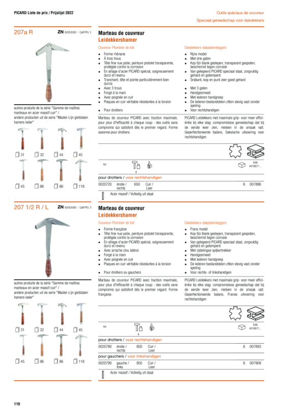 PICARD Schieferhammer, geschmiedet, mit 3 Löchern und Ledergriff; Schneide, Kopf und Spitze besonders gut gehärtet, für Rechtshänder, 650 g, rechts 0020720