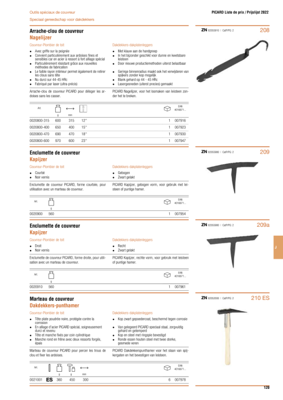 PICARD Schieferhammer, geschmiedet, mit 3 Löchern und Ledergriff; Schneide, Kopf und Spitze besonders gut gehärtet, für Rechtshänder, 650 g, rechts 0020720