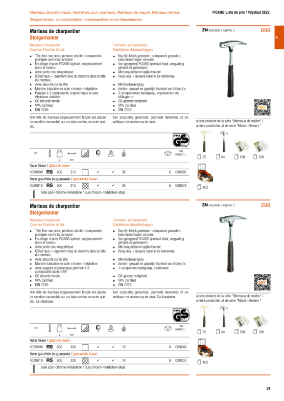 PICARD Ganzstahl-Latthammer, mit ergonomischem, schwingungsdämpfendem 2-Komponenten-Griff rot/schwarz, magnetischer Nagelhalter, aus hochwertigem Vergütungsstahl gefertigt, glatt 0059000