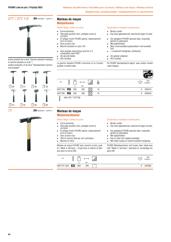 PICARD Maurerhammer, holländische Form, ES 0008201-500