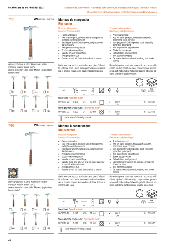 PICARD Ganzstahl-Rip-Hammer, mit Ledergriff, glatt 0079500-22