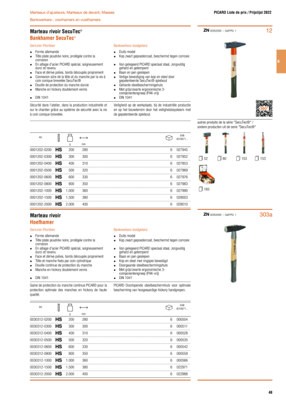 PICARD Schlosserhammer, mit Stielschutzhülse, mit Hickorystiel, HS 0030312-0200