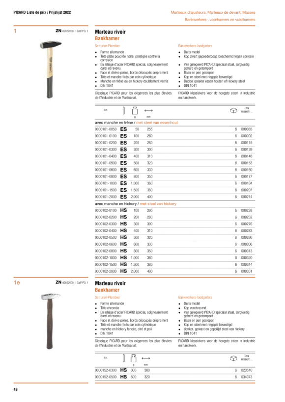 PICARD Schlosserhammer, deutsche Form, ES 0000101-0100