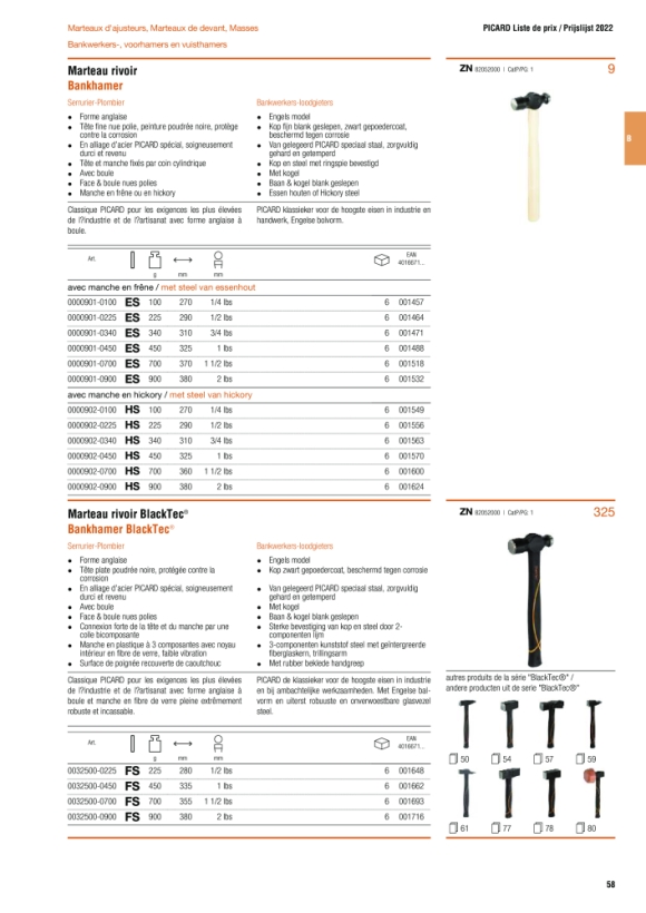 PICARD Schlosserhammer, engl. Form, mit Kugel (Ingenieurhammer), HS 2 lbs 0000902-0900