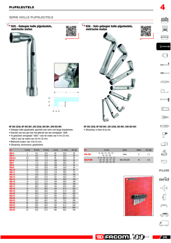 FACOM Rohrsteckschluessel 90° gebogen 4 mm 92A.4