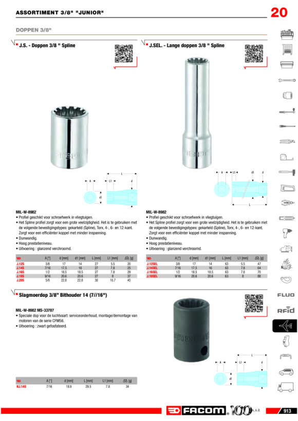 FACOM Steckschluessel 3/8” SPLINE 14 mm J.14S