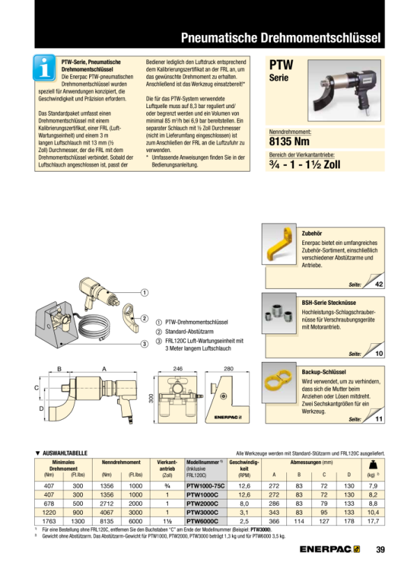 Enerpac PNEUMATISCHER DREHMOMENTSCHLÜSSEL MODELL 6000 MIT FRL PTW6000C