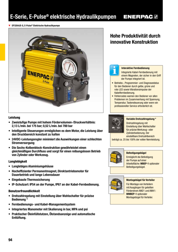 Enerpac Pumpe, elektrisch, 3-Wege-Sol, Dump & Hold, 230 V, mit Manometer EP3304SE-G