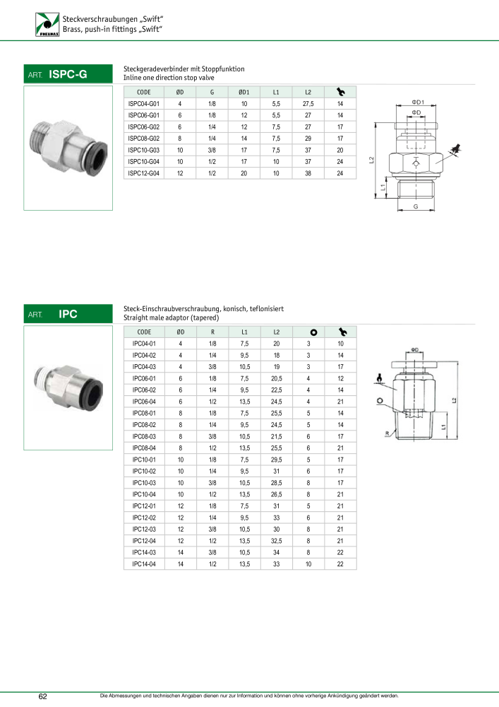 Pneumax - Verschraubungen und Zubehör NR.: 21216 - Seite 62