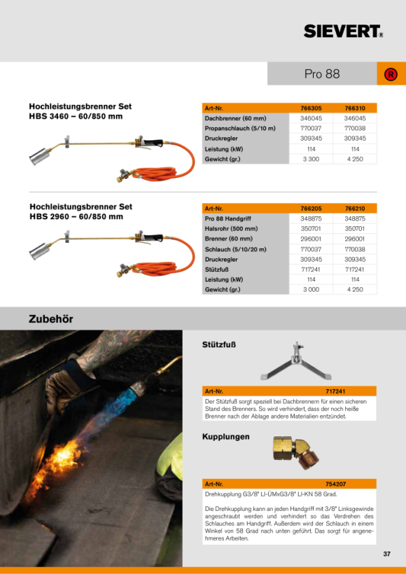 Sievert PRO 88 Aufschweißbrenner Set HBS 3460 - 60mm Ø / 850mm / 10 Meter 766310