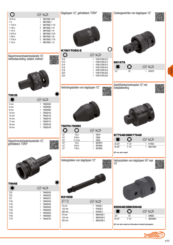 BAHCO 1/2-power schroevendraaierbit, voor T25 TORX®-schroeven, gefosfateerde uitvoering 7994S0250