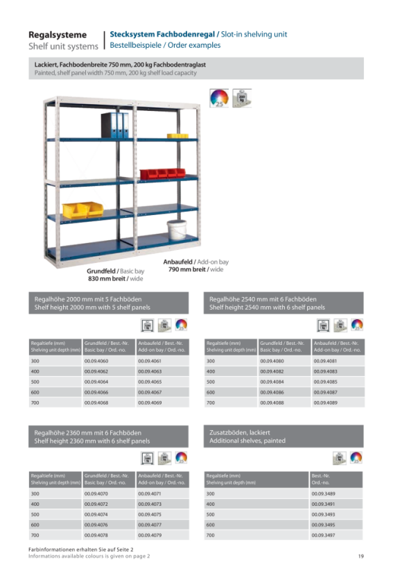 LOKOMA STECKREGAL AF, 2540 MM H. LACK., 790x605 MM, 6 legborden met elk 200 kg draagvermogen 00.09.4087