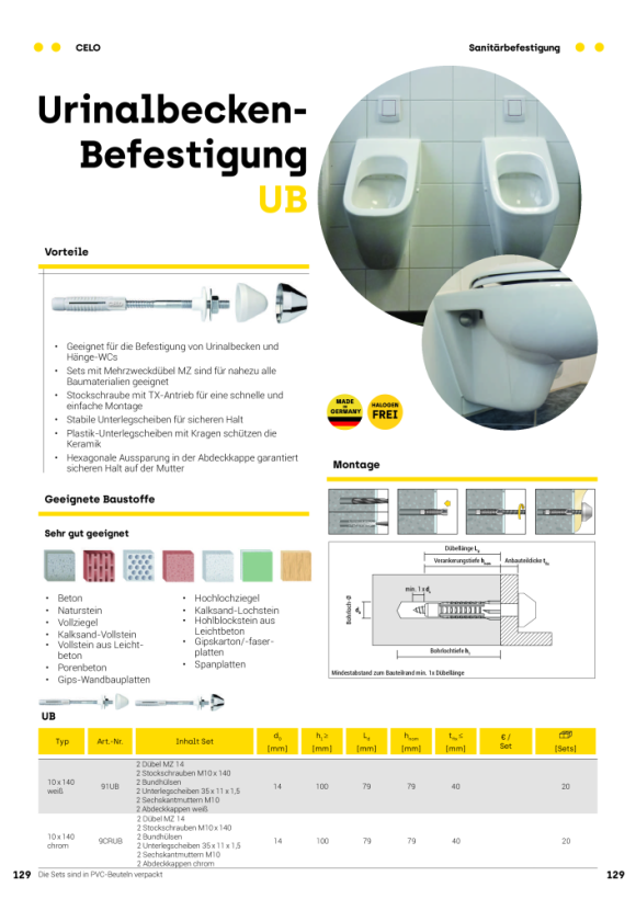 CELO Urinalbecken-Befestigung UB 10x140 weiß - Apolo MEA 91UB