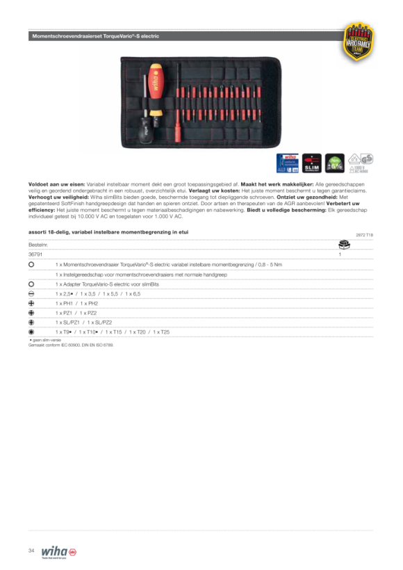 Wiha Momentschroevendraaierset TorqueVario®-S electric assorti 13-delig, variabel instelbare momentbegrenzing in etui (40674) 0,8-5,0 Nm