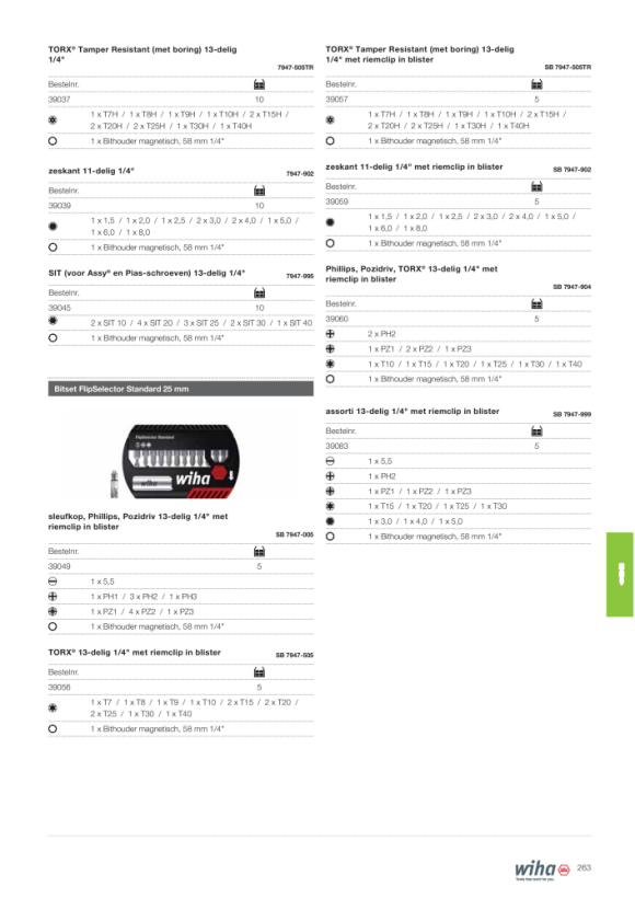 Wiha Bitset FlipSelector Standard 25 mm Phillips, Pozidriv, TORX® 13-delig 1/4 met riemclip in blister (39060)