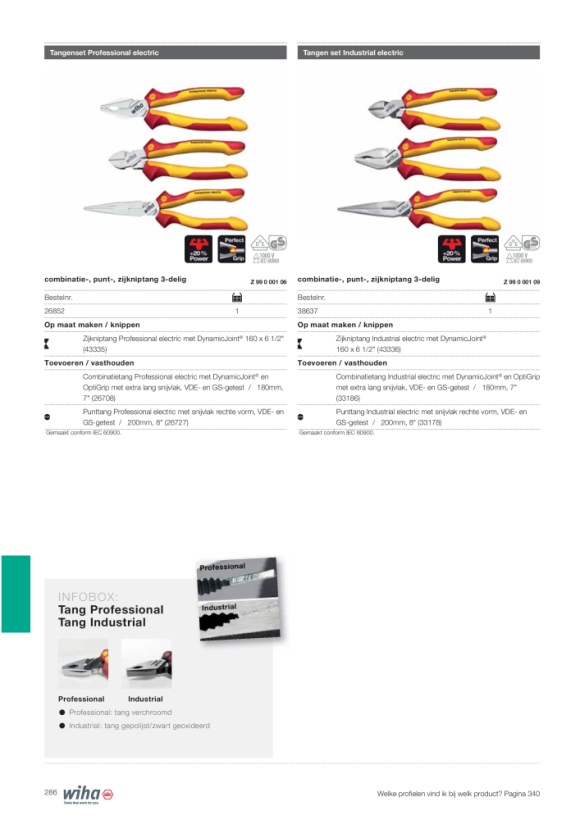 Wiha Combinatietang Industrial electric met DynamicJoint® en OptiGrip met extra lang snijvlak (33186) 180 mm