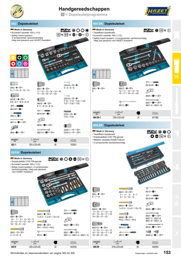 HAZET Dopsleutelset - vierkant 10 mm (3/8 inch), vierkant 6,3 mm (1/4 inch), zeskant 6,3 (1/4 inch), zeskant 8 (5/16 inch) - buitenzeskant Tractieprofiel 882-1