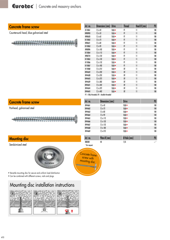 Eurotec Betongramskruv försänkt huvud - galvaniserat stål - huvud Ø 11 - TX30 - 7,5 x 302 mm b944639