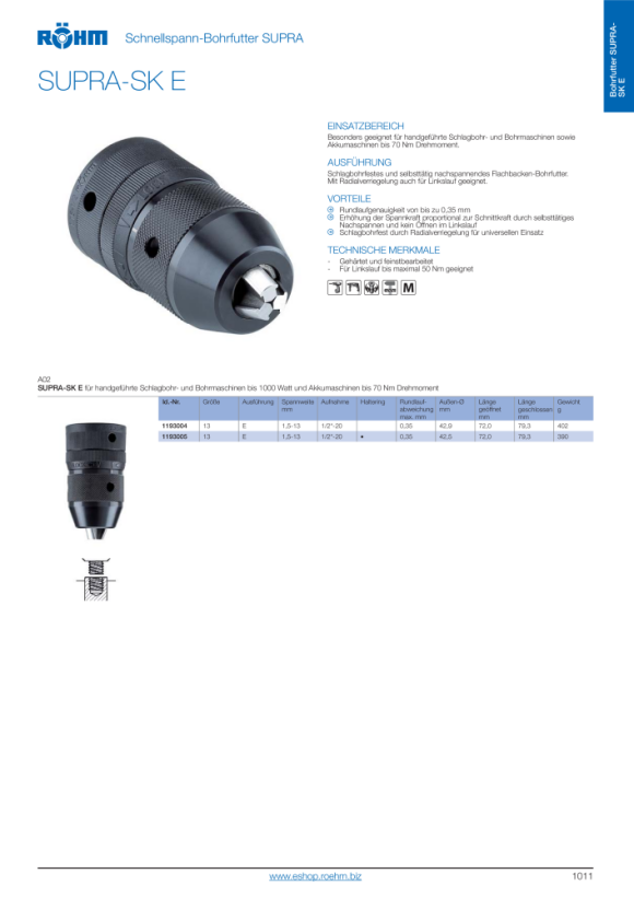 RÖHM Snelspanboorhouder SUPRA-SK, maat SK 10S, houder 3/8-24, klopboorbestendig 249910