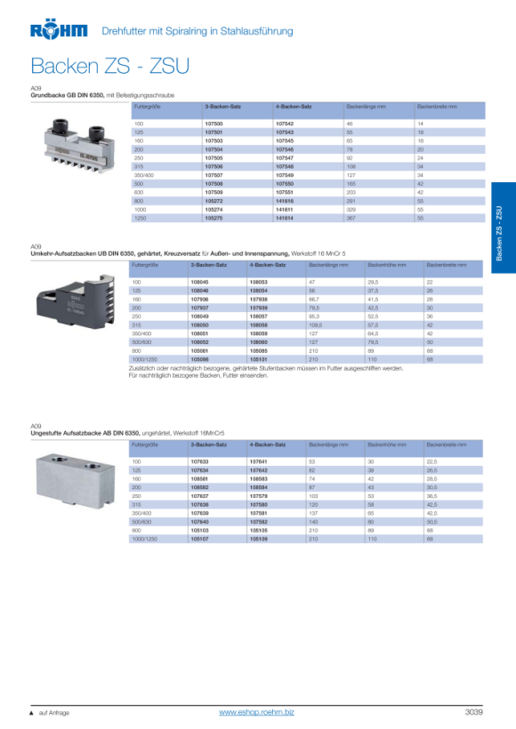 RÖHM Blokbek BL, maat 500/630, 4-klauwset, DIN 6350 ongetrapt, ongehard 107645