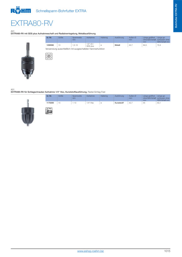 RÖHM Bohrfutter Extra80-Rv10 1/2-20, Db6,5 Hm Ek 1328319