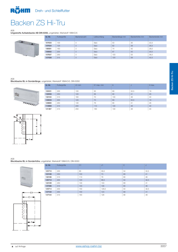 RÖHM Blokkaak BL in speciale lengte, maat 200, 3-klauwset, ongehard, 16MnCr5 130033