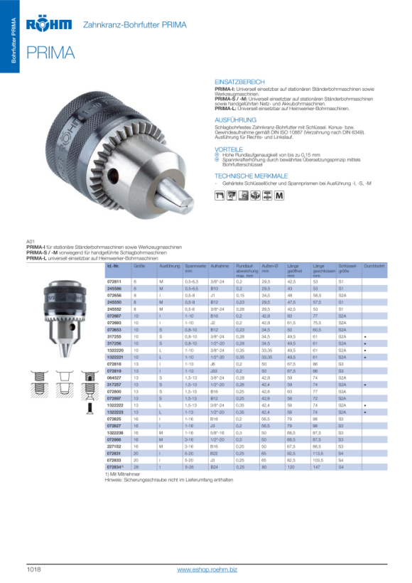 RÖHM Bohrfutter P10L 1/2-20 Db6,5, Db6,5 Bh Gk Ek 1322221