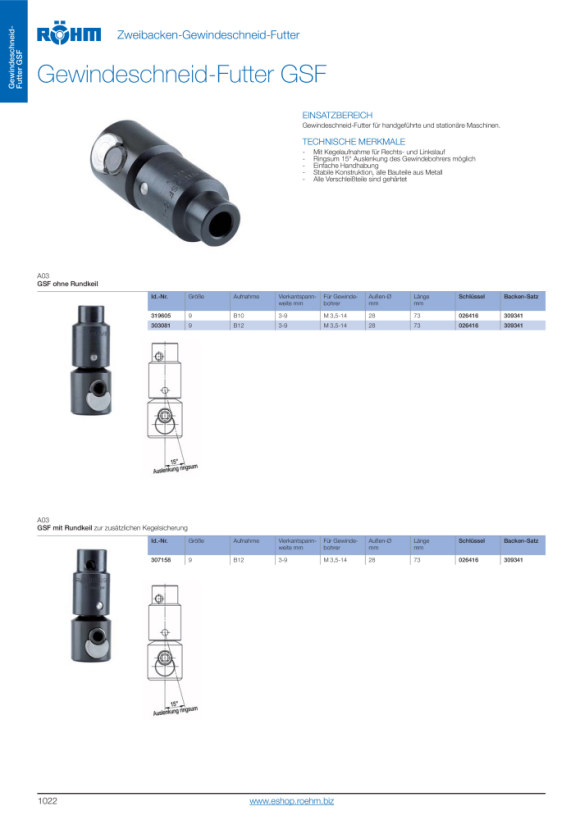 RÖHM Conische doornen met Jacobs boorkopkegel, MK 1, opname J1 014970