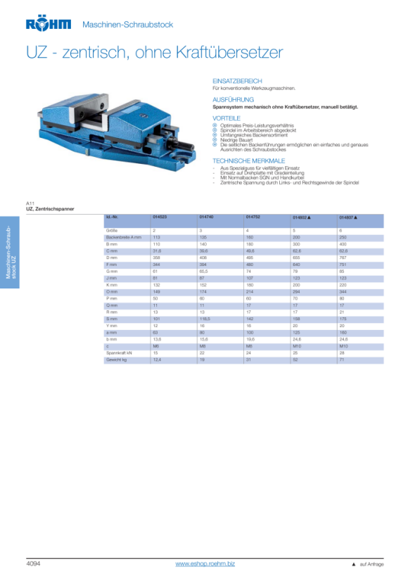 RÖHM Machinebankschroeven UZ, maat 6, bekbreedte 250, centrische klem 014807