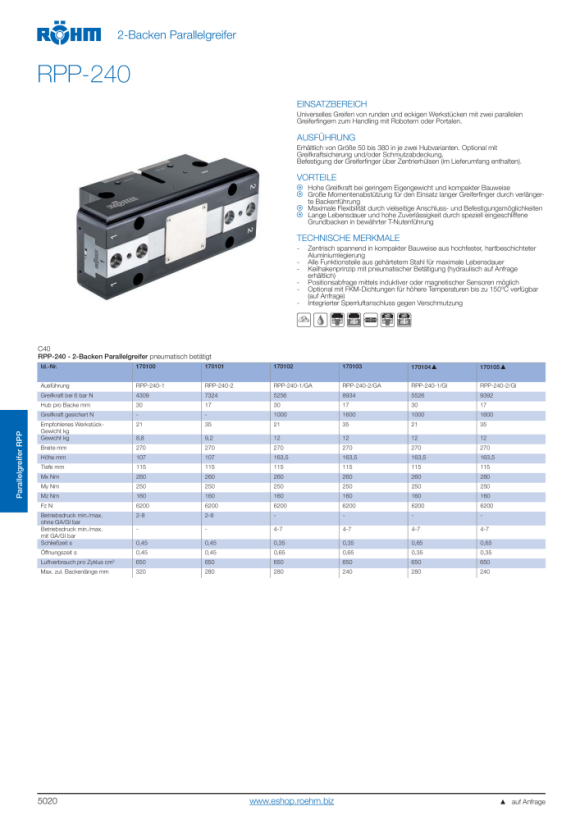RÖHM Pneumatische parallelgrijper RPP- LA160X80 4XM10 KH29.5 BH17 170101