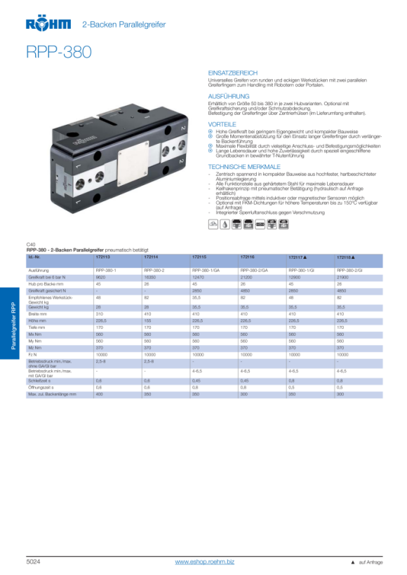 RÖHM Pneumatischer Parallelgreifer RPP- LA250X116 4XM16 KH45 BH26 172118