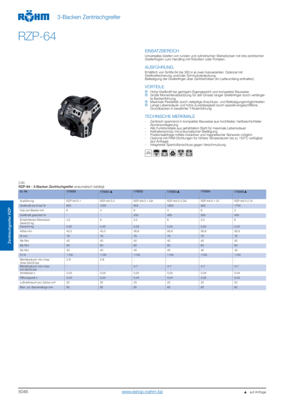 RÖHM Pneumatische centrische grijper RZP LKR56 3XM5 KH6.7 BH3 170053