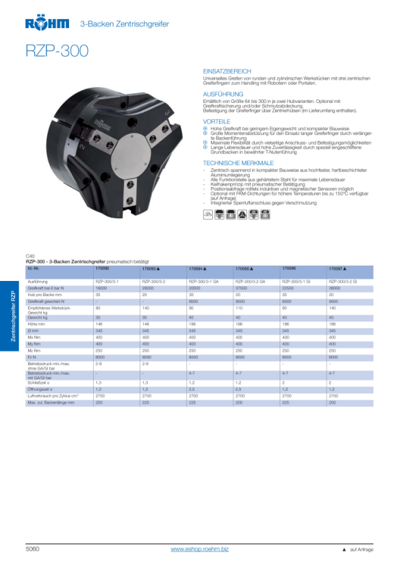 RÖHM Pneumatische centrische grijper RZP LKR260 3XM16 KH34.8 BH20 170093