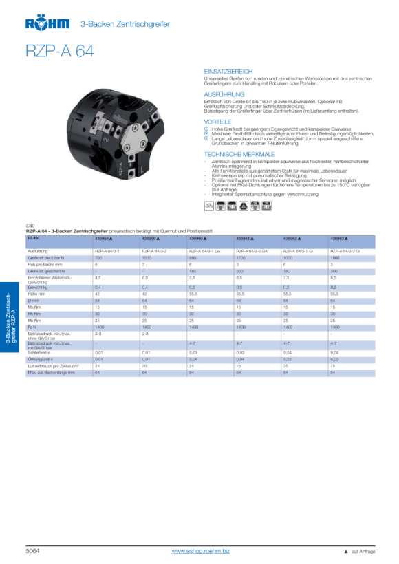 RÖHM Pneumatische centrische grijper RZP-A LKR56 3XM5 KH7.2 BH3 436963