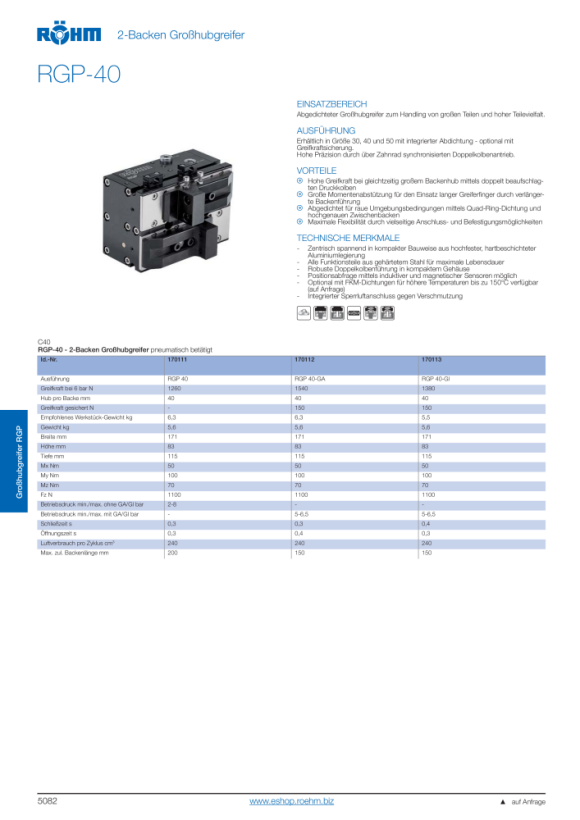 RÖHM Pneumatische grijper met lange slag RGP-LA25 2X12H7/M8 BH40 SP ZS 170113