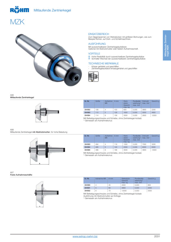 RÖHM Draaibare centreerkegel, opname MK 6, maat 276, spits, 60° 306396