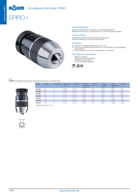 RÖHM Snelspanboorhouder SPIRO-I, maat 16, houder B 16, rondloop 0,05 mm 871016