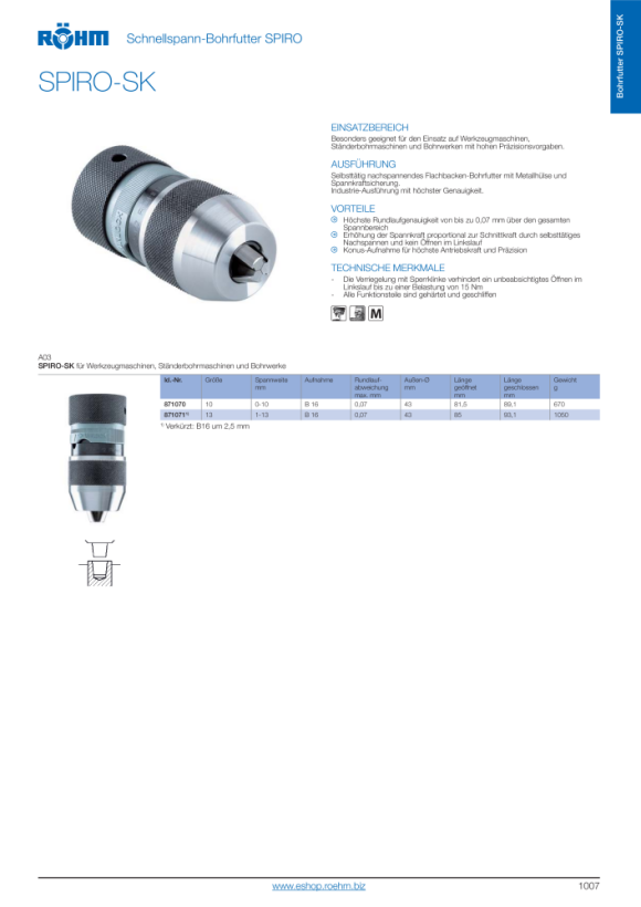 RÖHM Snelspanboorhouder SPIRO-I, maat 16, houder B 16, rondloop 0,05 mm 871016