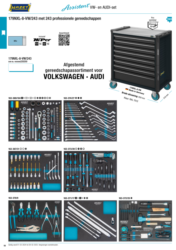 HAZET Werkplaatswagen - laden, vlak: 7 x 81 x 696 x 398 mm - laden, hoog: 1 x 166 x 696 x 398 mm - aantal gereedschappen: 243 179NXL-8-VW/243