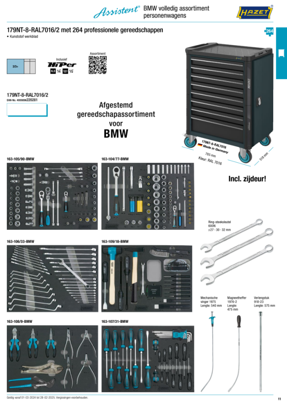 HAZET Werkplaatswagen - laden, vlak: 7 x 81 x 696 x 398 mm - laden, hoog: 1 x 166 x 696 x 398 mm - aantal gereedschappen: 243 179NXL-8-VW/243