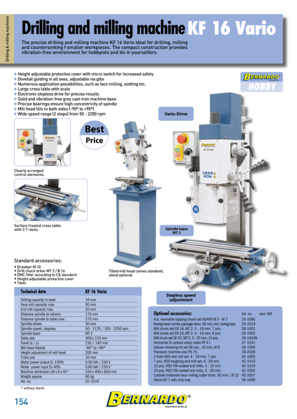 Bernardo Bohr- und Fräsmaschine KF 16 Vario 02-1019