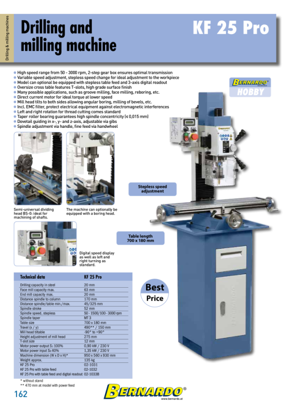 Bernardo Bohr- und Fräsmaschine KF 25 PRO mit Vorschub 02-1032