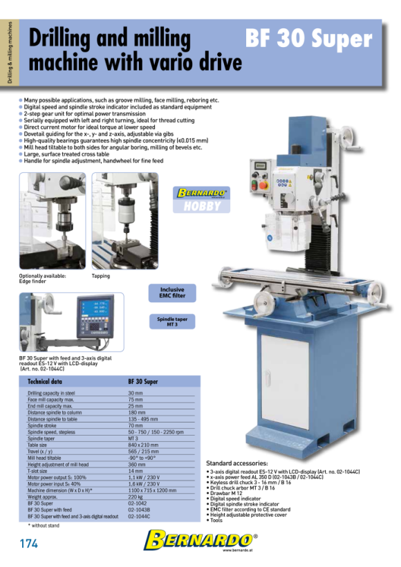 Bernardo Bohr- und Fräsmaschine BF 30 Super mit Vorschub inkl. 3-Achs-Digitalanzeige i200 02-1044C