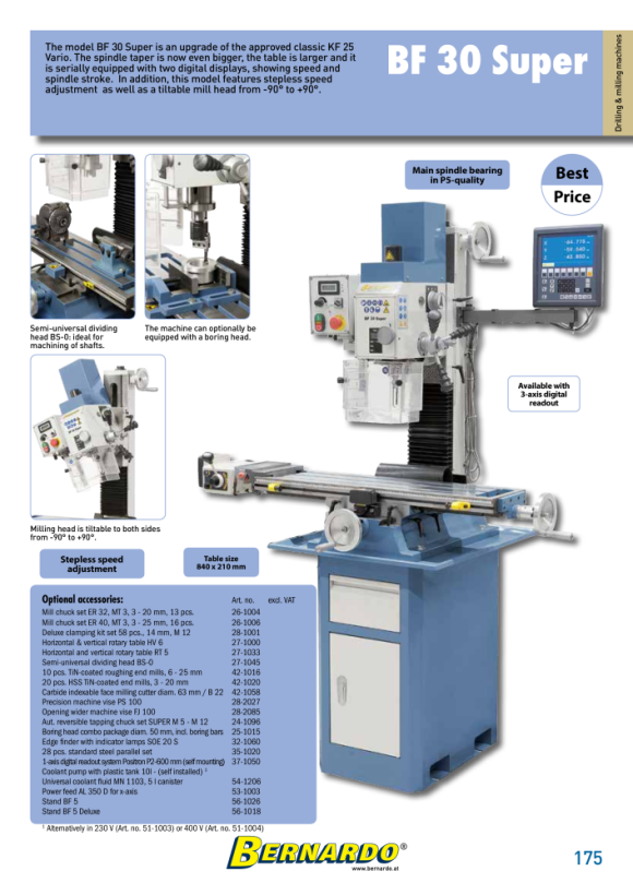 Bernardo Bohr- und Fräsmaschine BF 30 Super mit Vorschub inkl. 3-Achs-Digitalanzeige i200 02-1044C