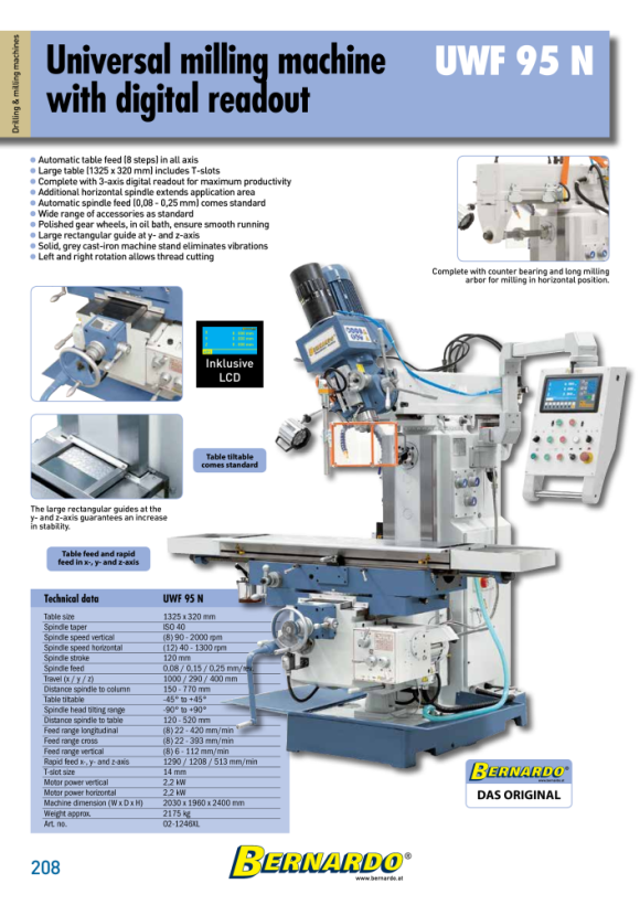 Bernardo Universalfräsmaschine UWF 95 N inkl. 3-Achs-DRO und pneumat. WK-Klemmung 02-1246XL